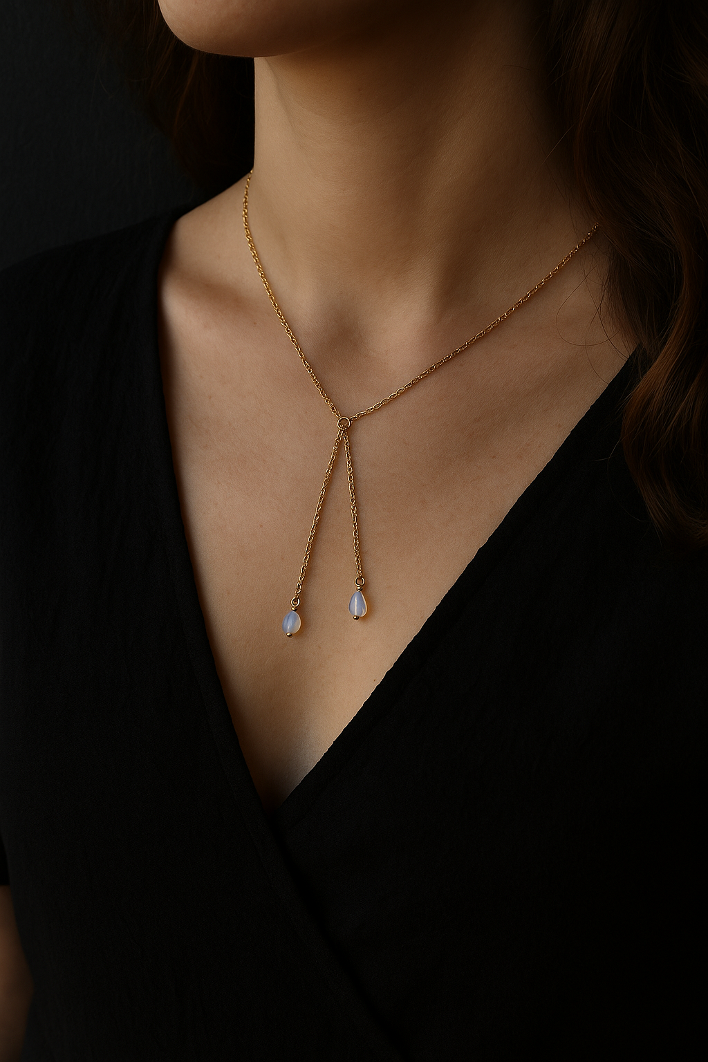 Opaline Droplet Lariat Necklace – Premium Gold-Plated Stainless Steel