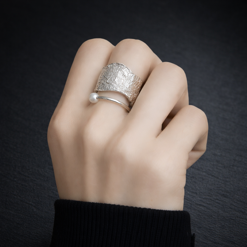 Silver Pearl Wave Ring – Premium Stainless Steel